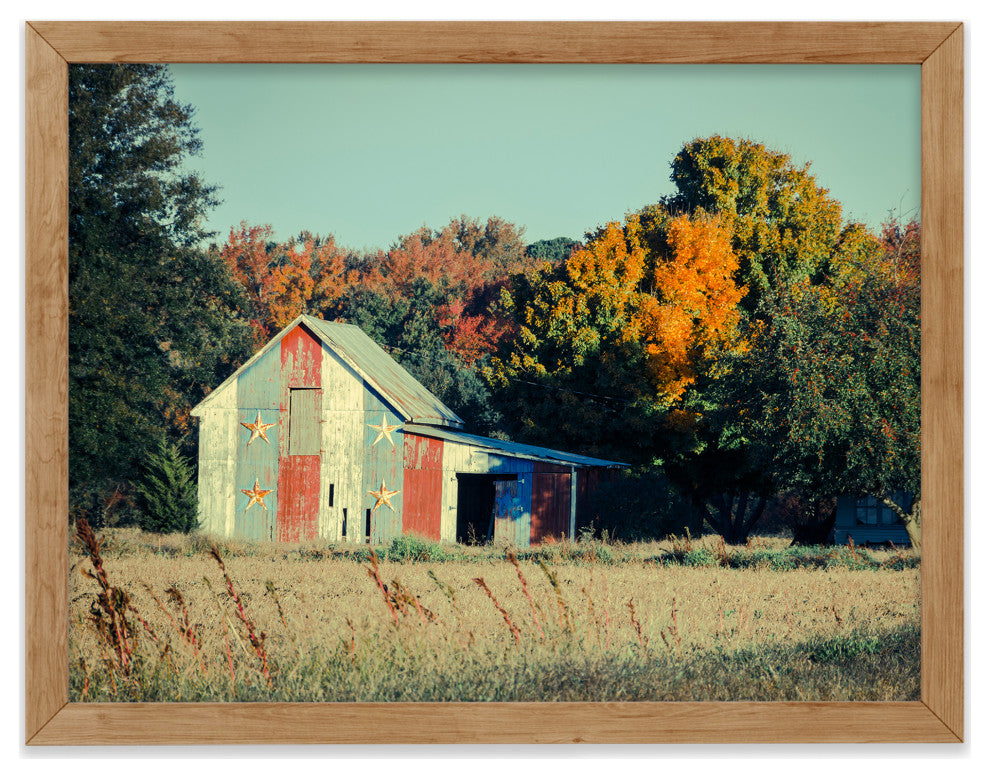 Patriotic Weathered Barn in Field Cross Processed Framed Photo Wall Art Prints, Red Oak, 18" X 24"