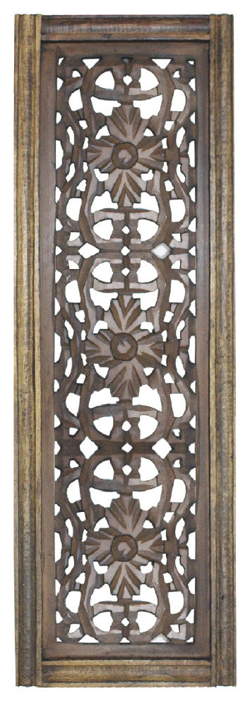 Floral Hand Carved Wooden Wall Panels, Assortment Of Two, Brown