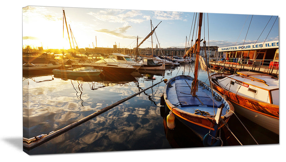 Yachts at Sea Port of Marseille, Boat Canvas Art Print, 32"x16"