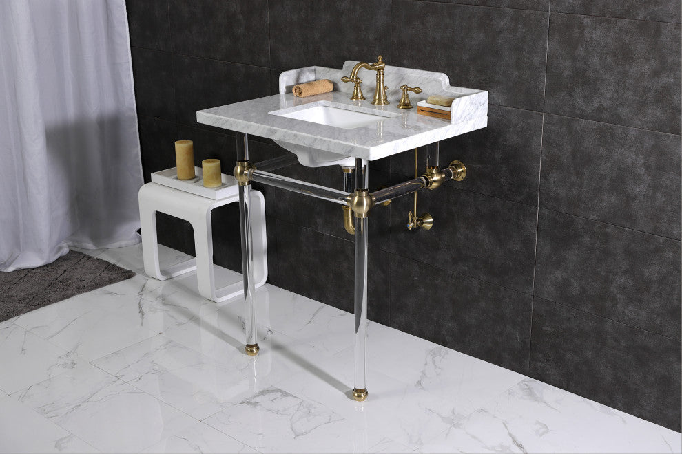 Kingston Brass LMS30MASQ7 30" Carrara Marble Console Sink, Acrylic Legs