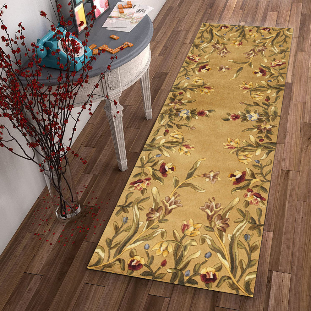 HomeRoots 8' Gold Yellow Hand Tufted Bordered Floral Indoor Runner Rug