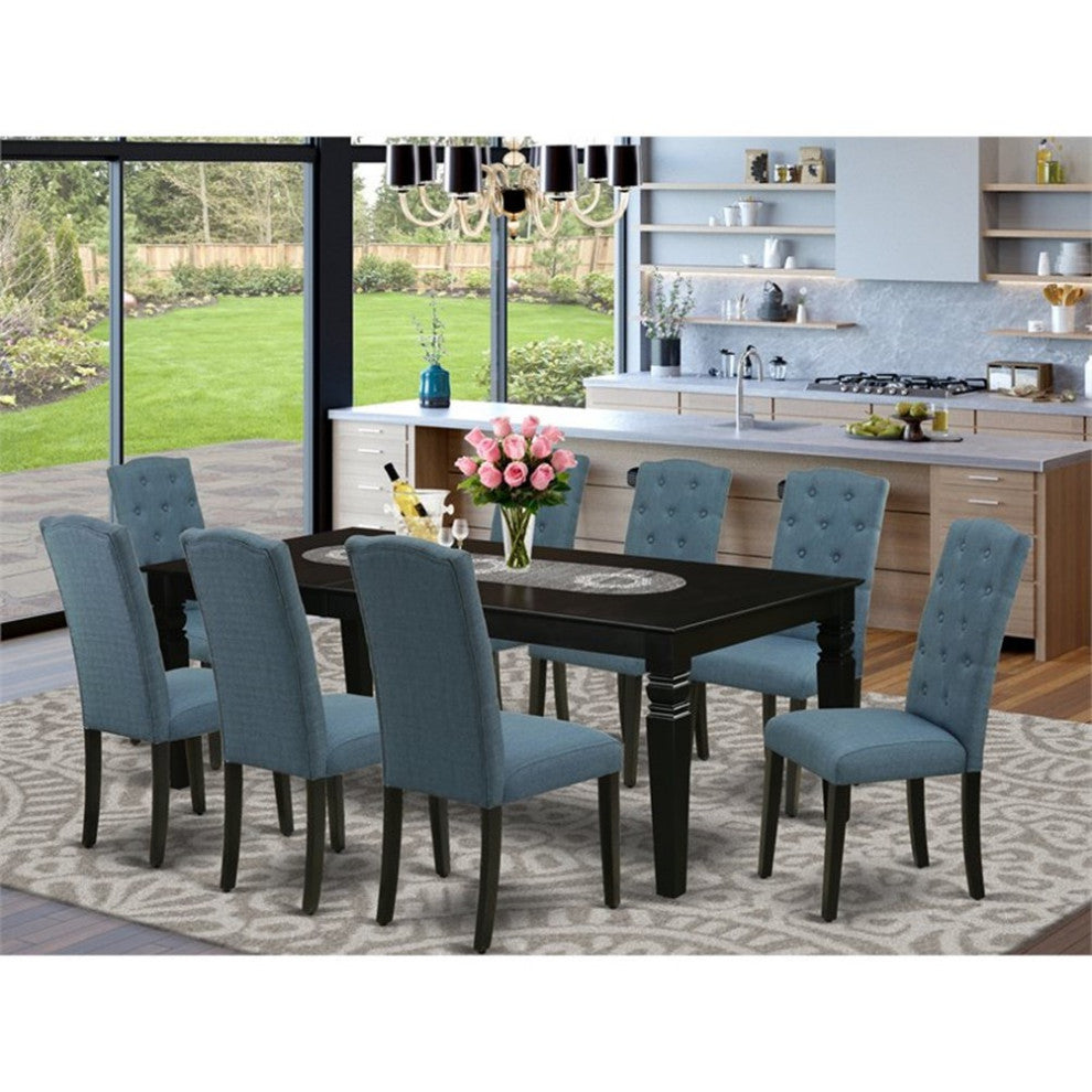 Lgce9-Blk-21, 9-Piece Dining Set, Table With 8-Chairs With Blue Fabric, Black