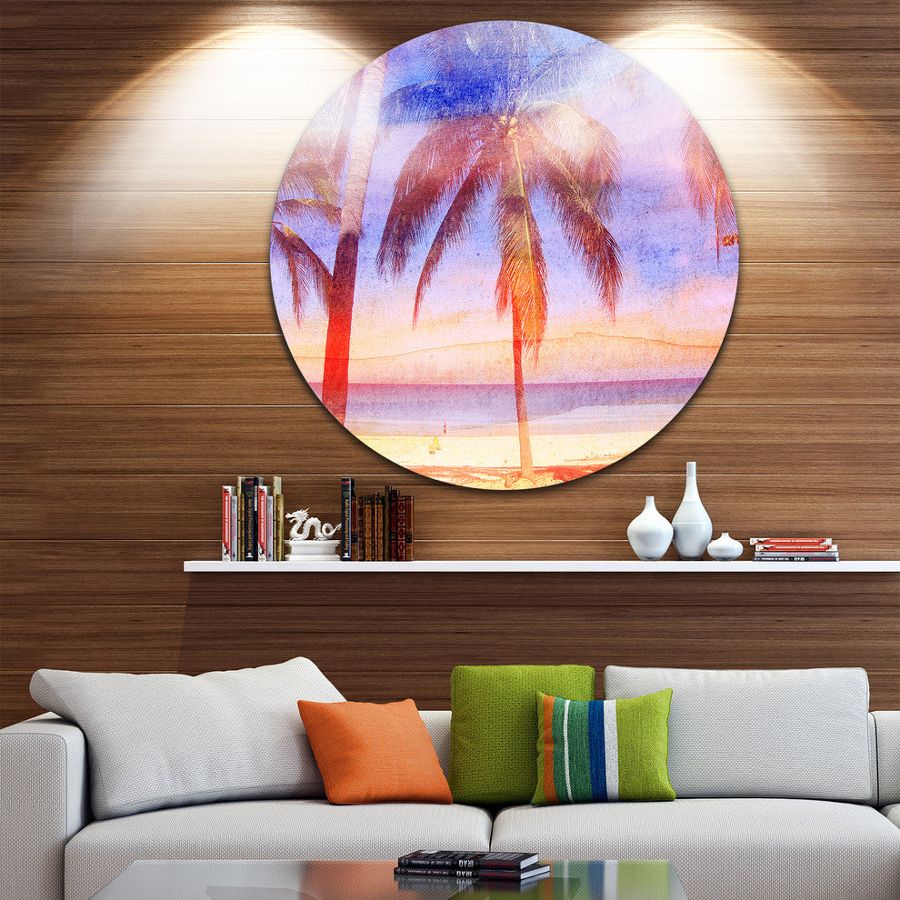 Retro Palms Light Blue Watercolor, Trees Painting Round Wall Art, 38"