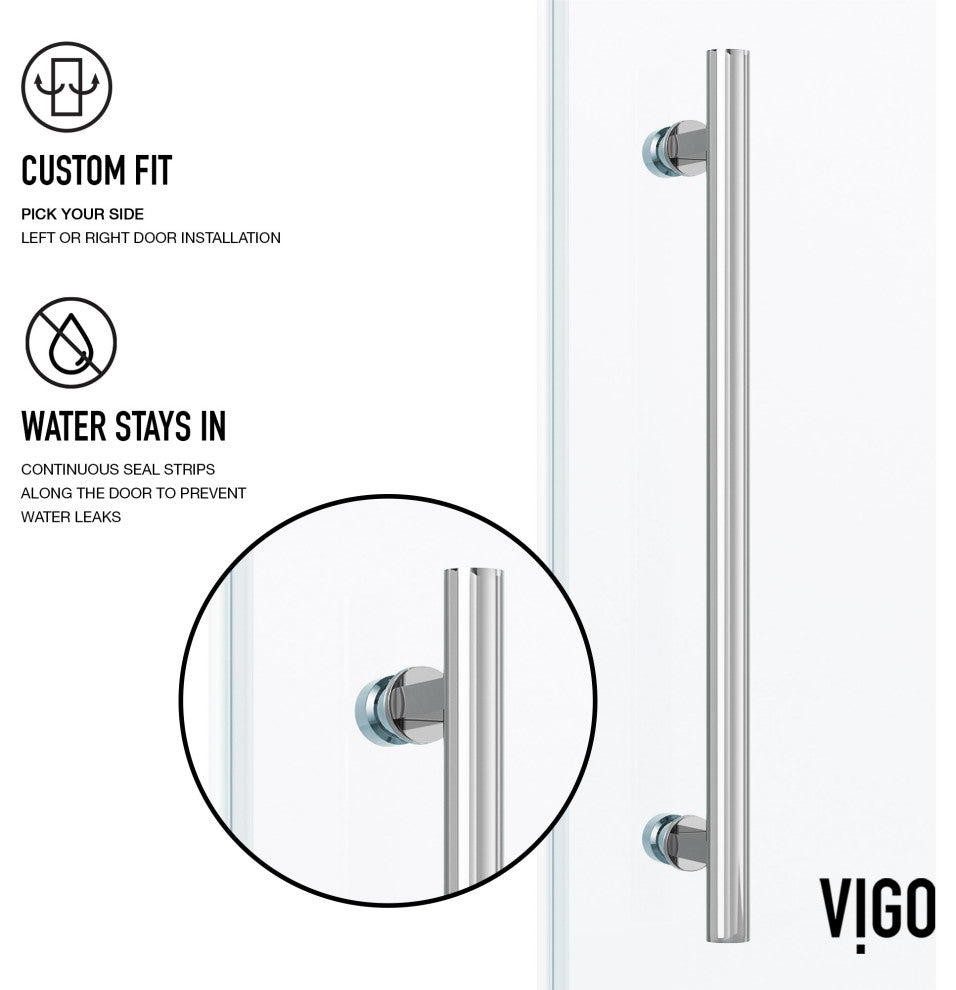 VIGO Elan 56" to 60" W x 74" H Frameless Sliding Shower Door, Chrome, Clear Glass