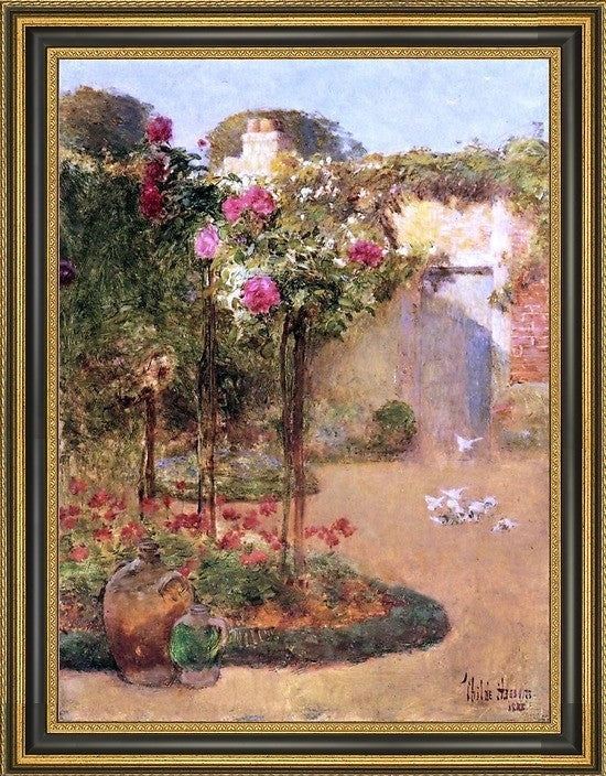Frederick Childe Hassam the Rose Garden Framed Premium Canvas Print, 21"x28"