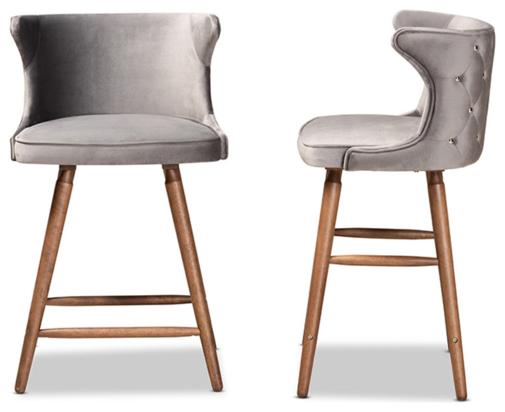 Sagira Gray Velvet Fabric Walnut Brown Finished Wood Counter Stool, Set of 2