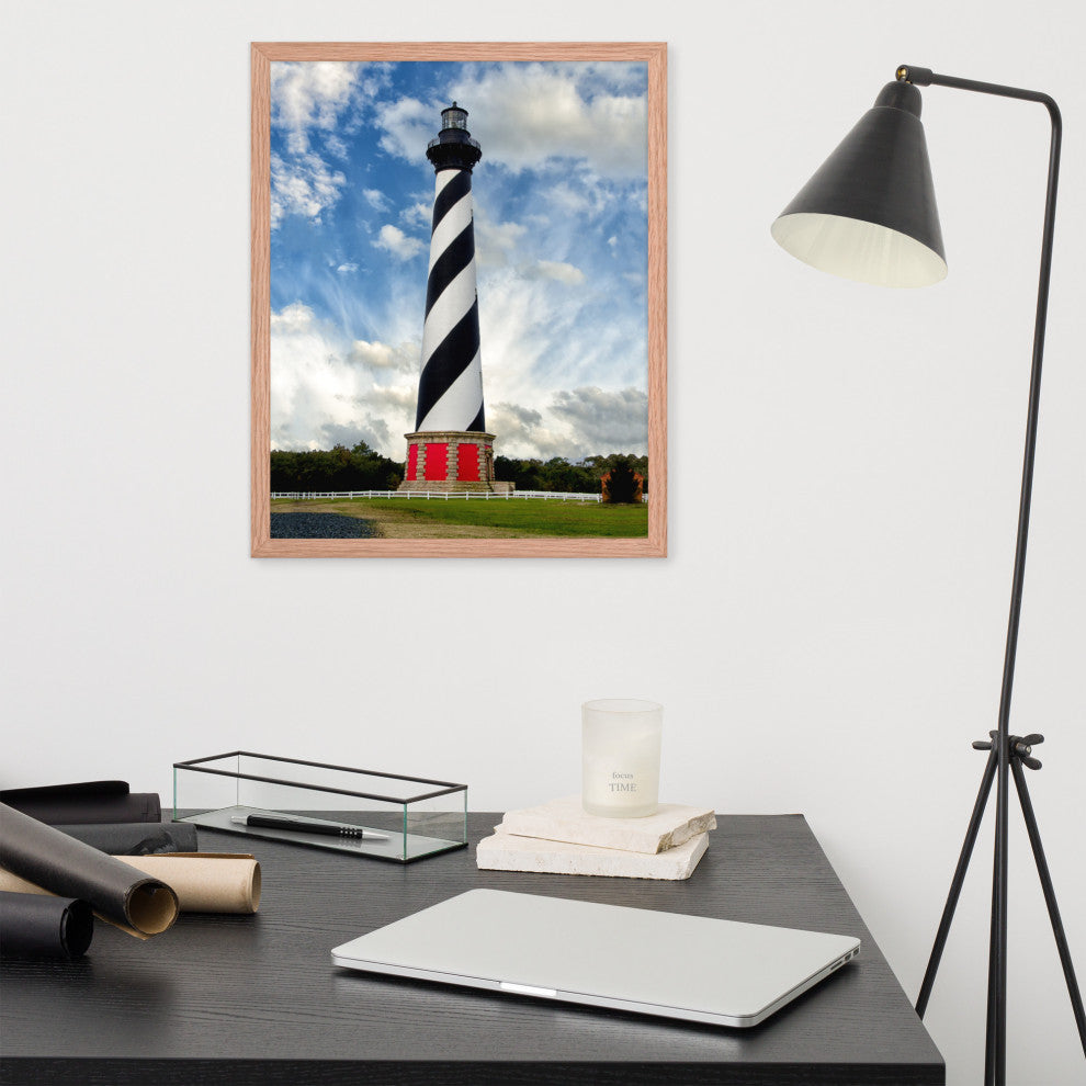 Cape Hatteras Lighthouse Coastal Landscape Framed Photo Paper Wall Art Prints, Red Oak, 16" X 20"