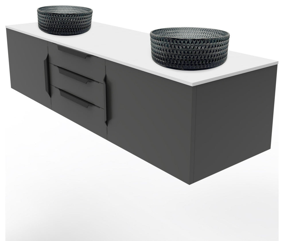Wildsee Floating Vanity Set, Tempered Clear Glass Sink, Light Black, 60", Black