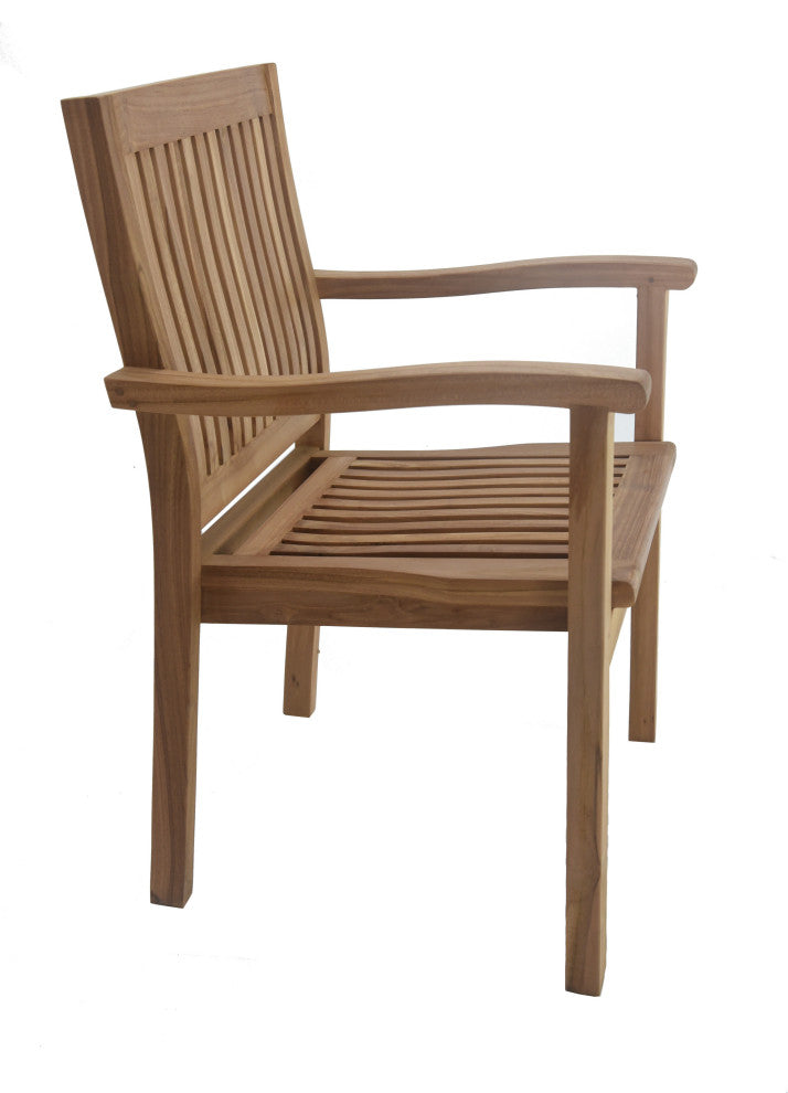 7-Piece Outdoor Teak Dining Set, 69" Table, 6 Leveb Stacking Arm Chairs