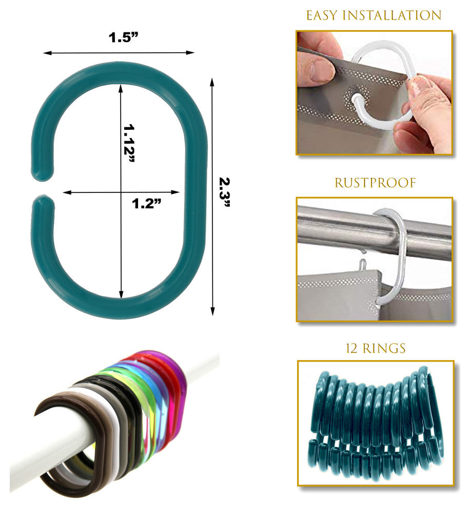 Shower Curtain Rings Plastic Hooks Solid or Clear Colors Set of 12, Solid Peacock Blue