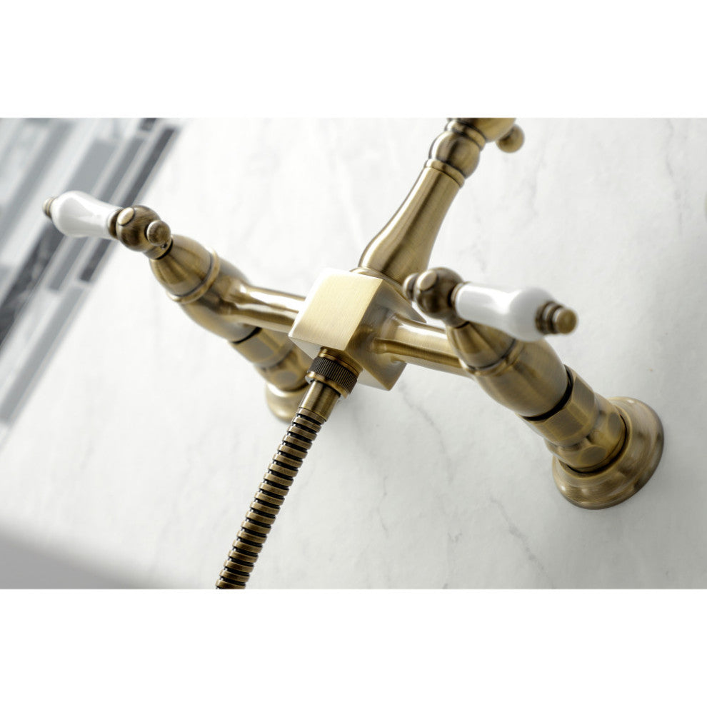 KS126XPLBS-P Heritage Wall Mount Bridge Kitchen Faucet with Brass Sprayer, Antiq
