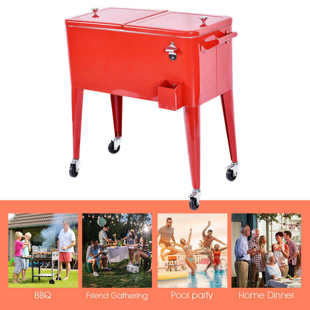 Costway Red Outdoor Patio 80 Quart Cooler Cart Ice Beer Chest Party Portable