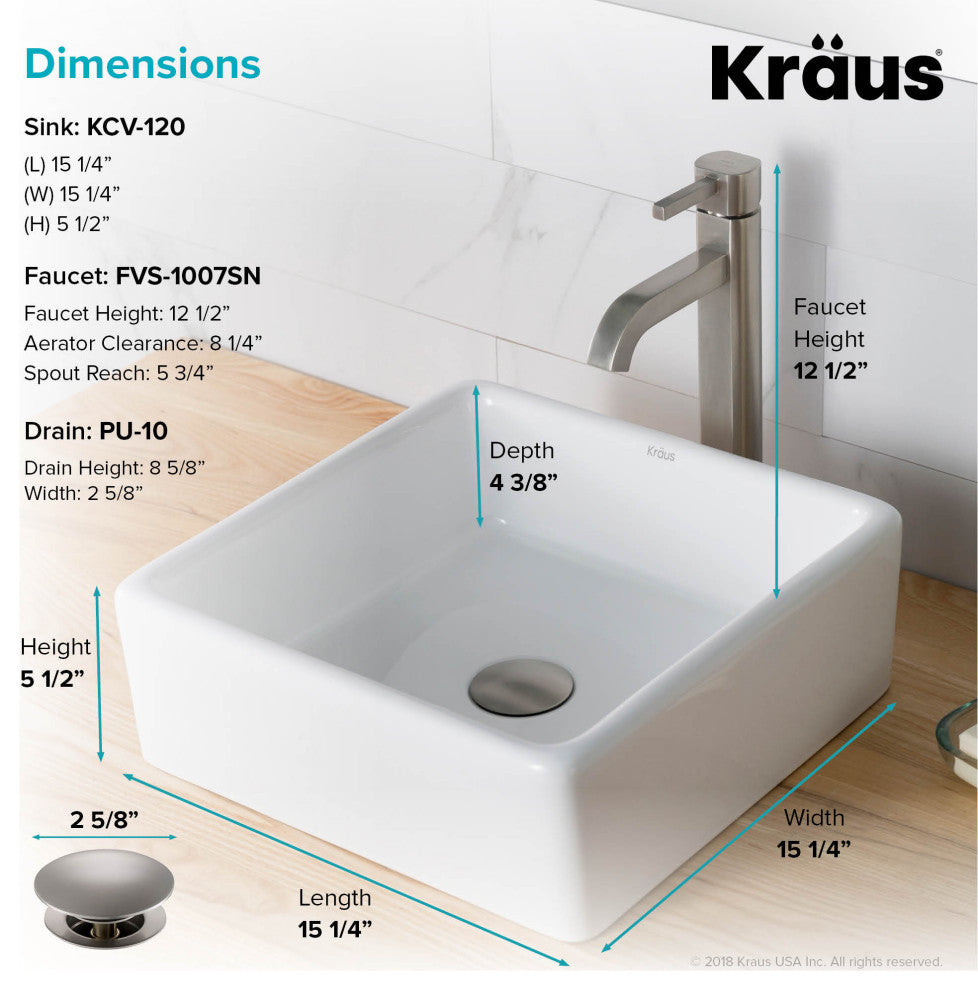 Elavo Square Ceramic Vessel Sink, Bathroom Ramus Faucet, PU Drain, Nickel