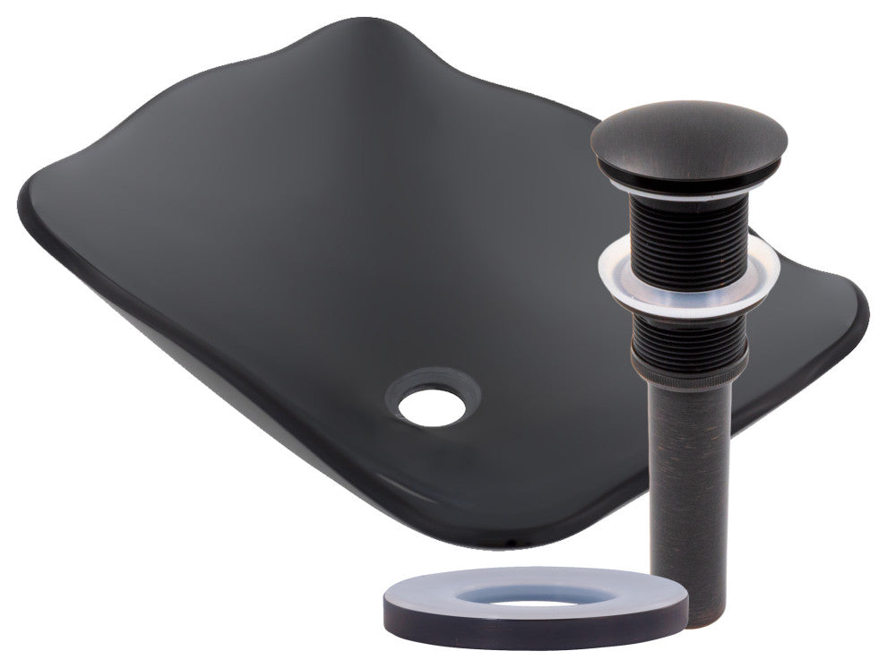 Rettangolare Clear Grey Scalloped Tempered Glass Vessel Sink and Drain, Oil Rubbed Bronze