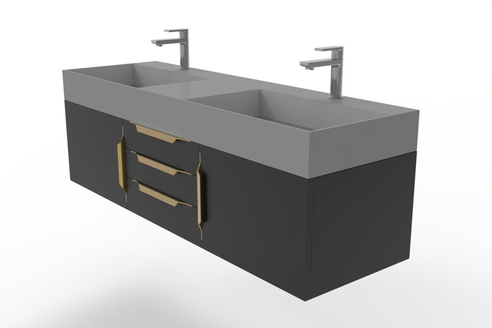 CastelloUSA Amazon 60" Wall Mounted Vanity Set, Black, Gray Top, Gold Handles