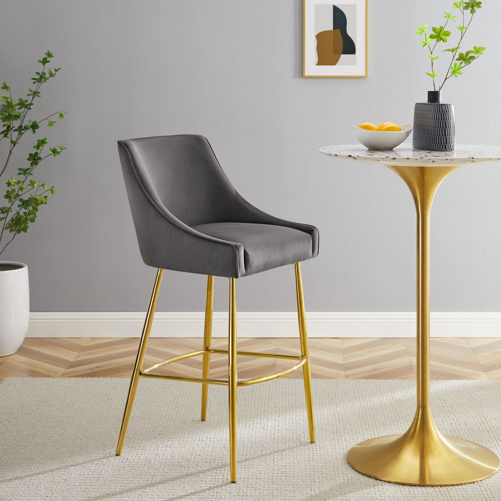 Bar Stool Chair Barstool, Gray, Velvet, Modern, Mid Century Lounge Dining