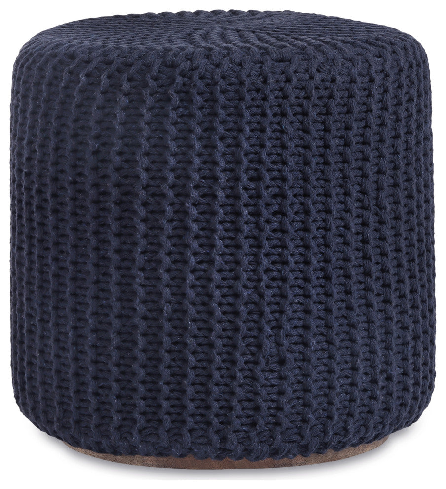 Loft Lyfe Marbella Ottoman, Hand Knitted, Wooden Tray, Cotton Yarn, Navy