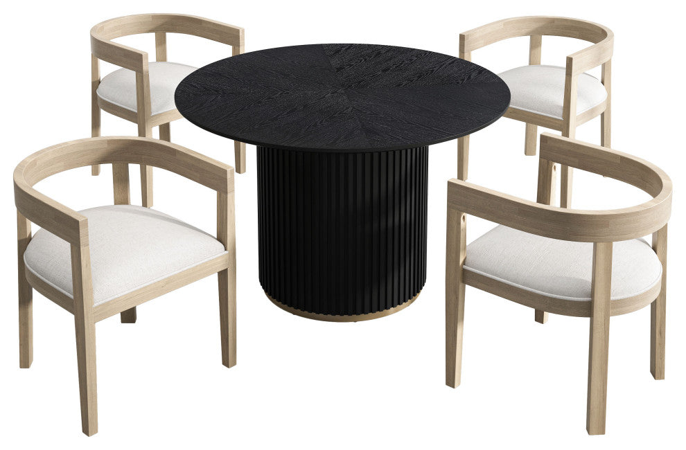 GDF Studio 47.25" Round Pedestal Dining Table With 4 Armchairs, Beige/Black