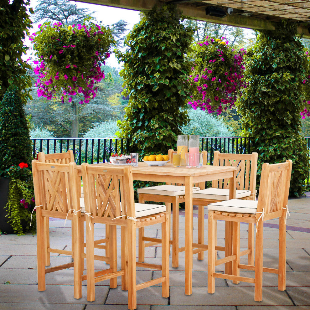 7 Piece Teak Wood Chippendale 63" Rectangular Bistro Bar Set, 6 Bar Chairs