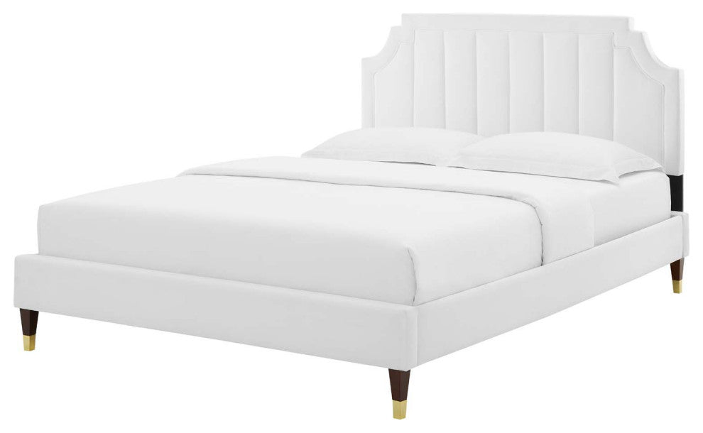 Platform Bed Frame, King Size, Velvet, White, Modern Contemporary, Bedroom