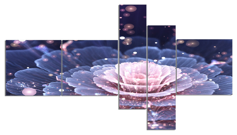 Fractal Flower Pink and Gray, Floral Art Canvas Print, 60"x32", 5 panels