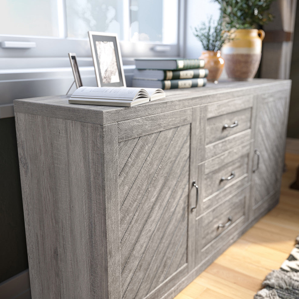 Sideboard, Console Table Or Buffet With Three Drawers & Four Shelves, Gray Wash