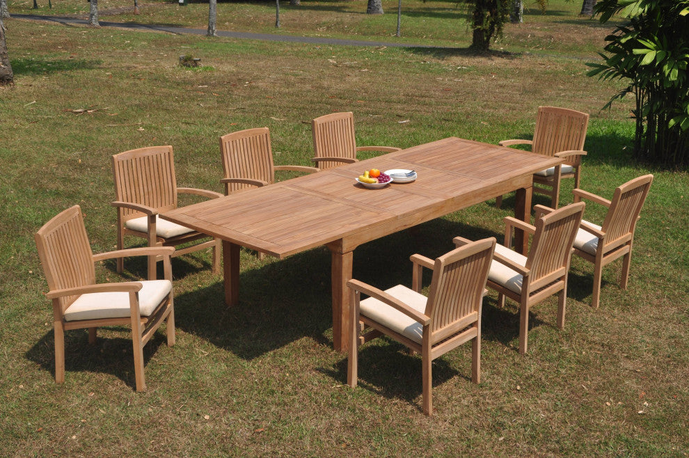 9-Piece Outdoor Teak Dining Set: 122" Rectangle Table, 8 Wave Stacking Arm Chair
