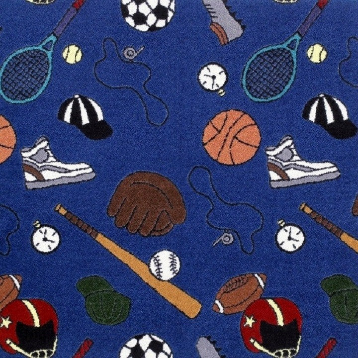 7'x10 Oval Custom Area Rug Multi Sports, Nylon Stainmaster Carpet, Blue
