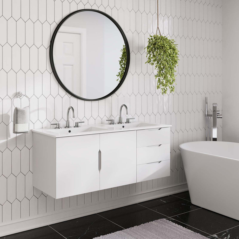Double Sink Vanity Cabinet, White, Ceramic, Melamine, Modern, Hotel Bathroom