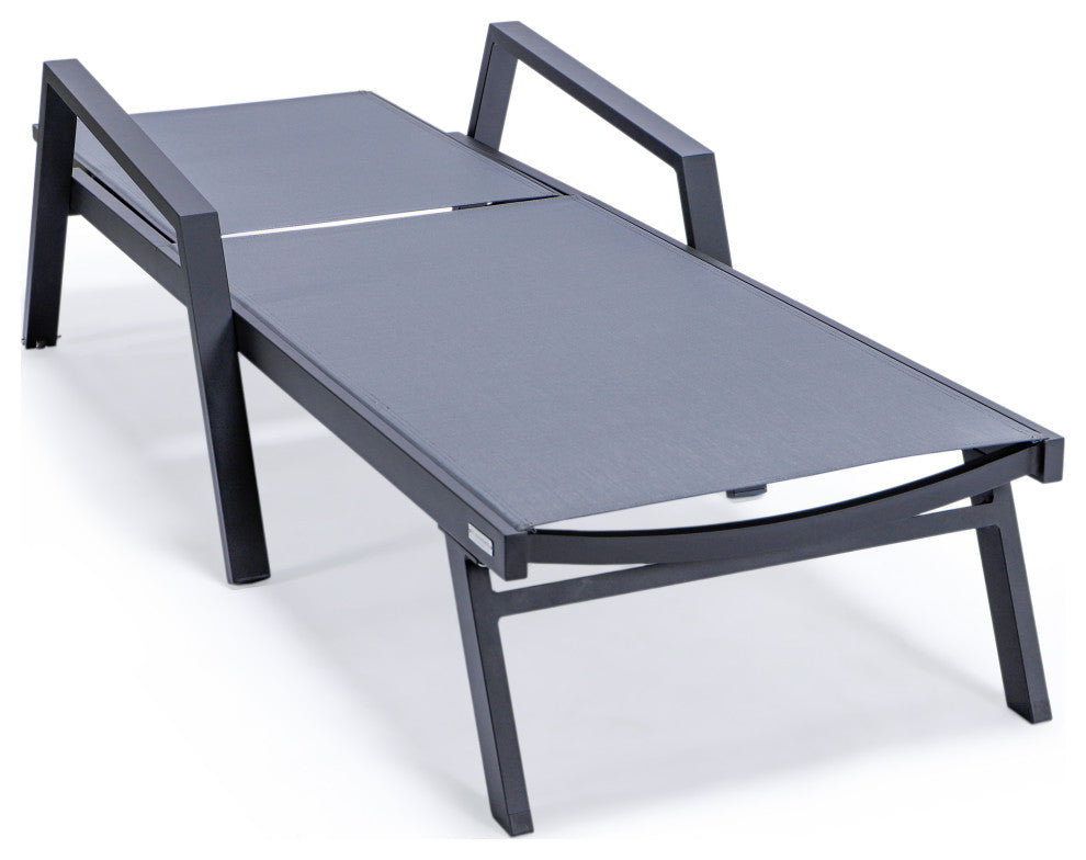 LeisureMod Marlin Chaise Lounge Chair With Arms and Fire Pit Table, Dark Gray