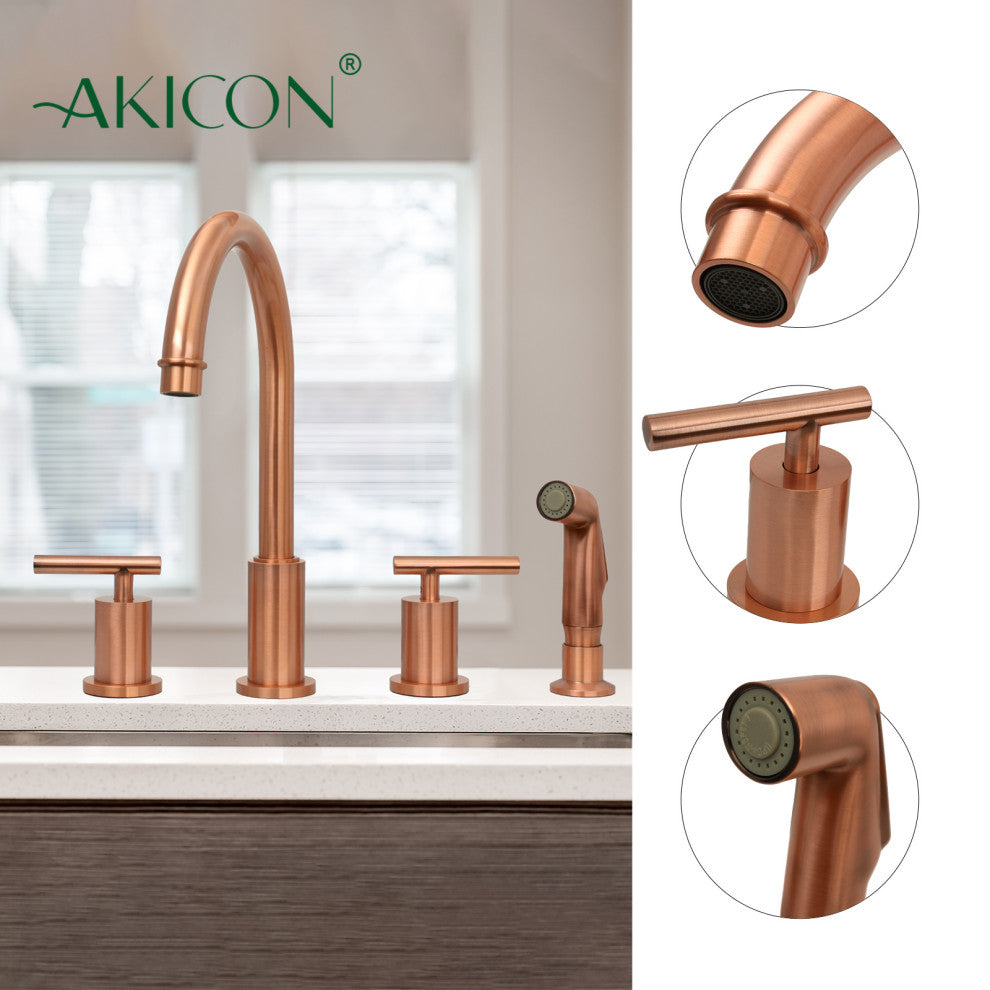 Akicon™ Two-Handles Copper Widespread Kitchen Faucet With Plastic Side Sprayer