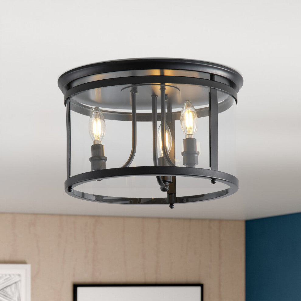 Matte Black 3-Light Candle Style Drum Shape Flush Mount Ceiling Lamp
