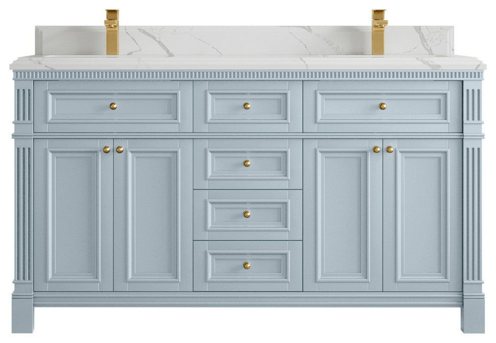 Paris 60" Double Sink Bathroom Vanity, Blue Heather 1.5" Calacatta Laza