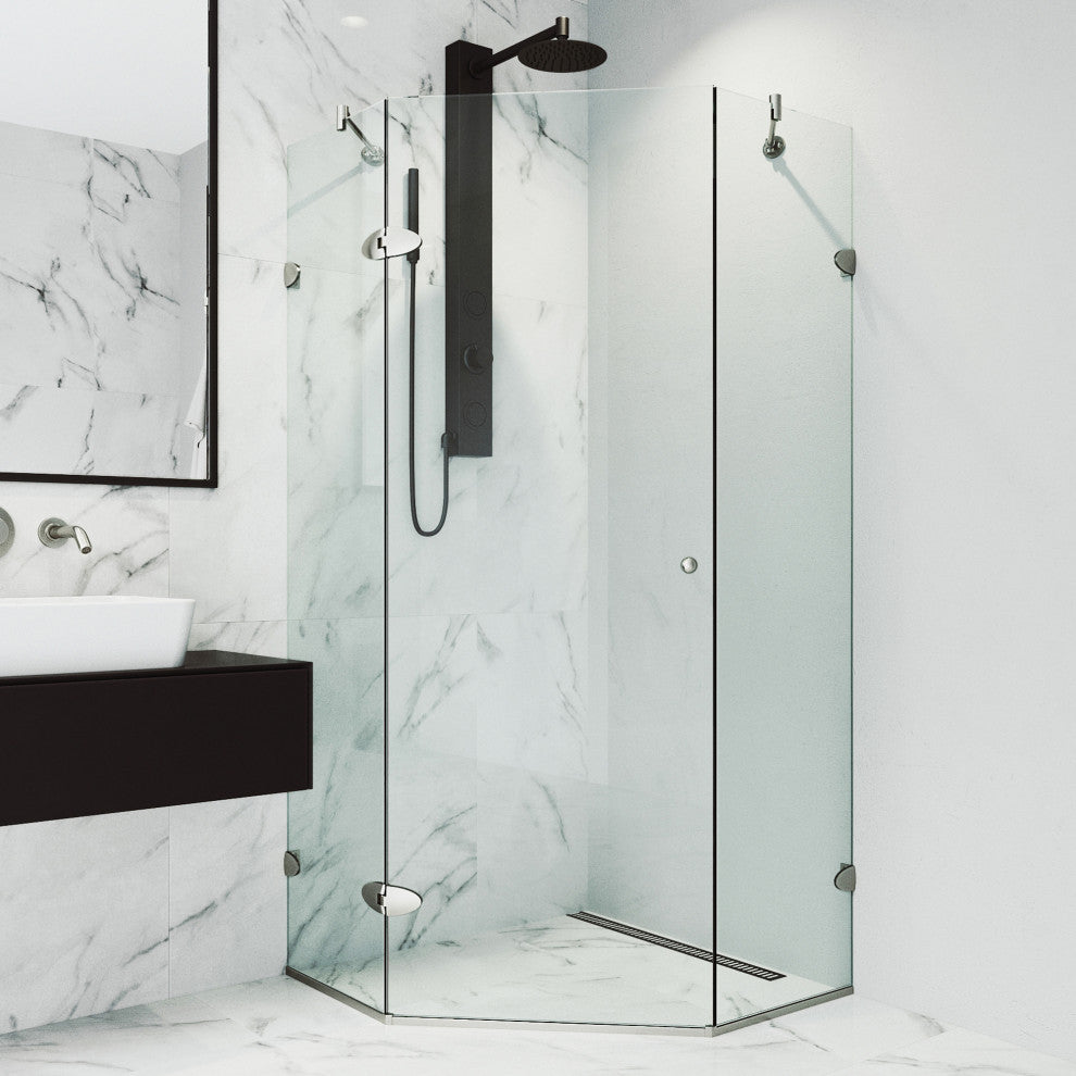 VIGO Verona Frameless Hinged Neo-Angle Shower Enclosure, Brushed Nickel, 38" D X 38" W, Without Base