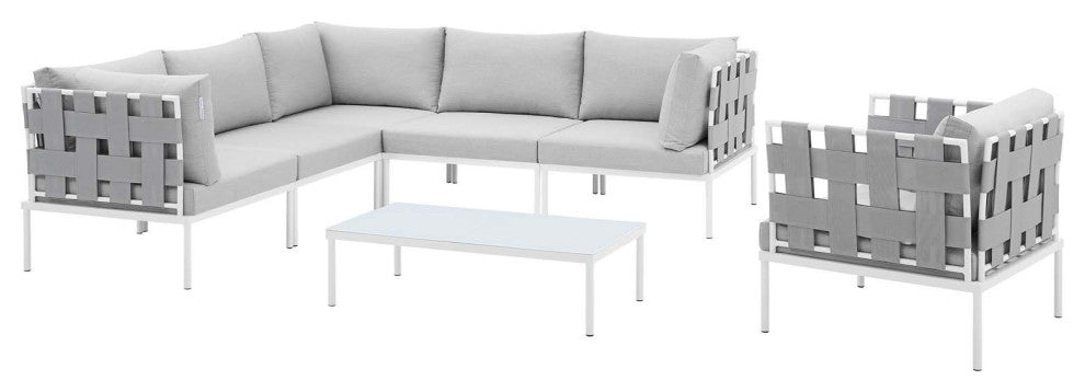 Lounge Sectional Sofa Chair Table Set, Sunbrella, Aluminum, Gray, Outdoor