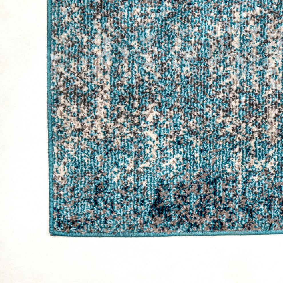 Contemporary POP Modern Abstract Vintage Area Rug, Cream/Turquoise, 2 X 8