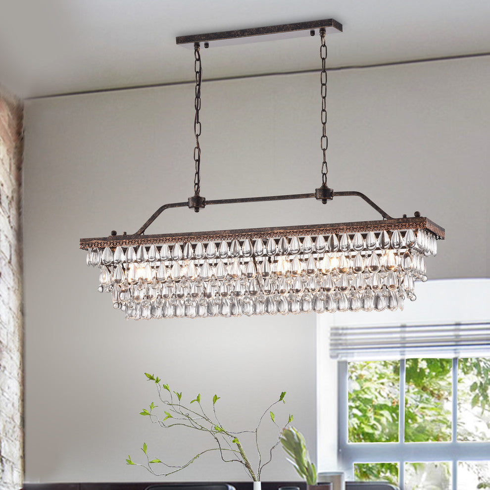 6-Light Antique Bronze Rectangular Crystal Chandelier Dining Room 40 in. Glam