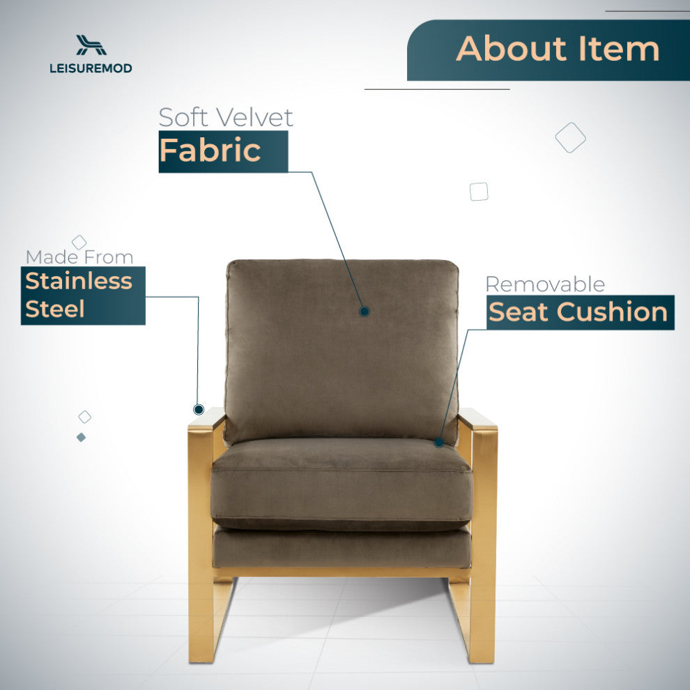 LeisureMod Jefferson Velvet Accent Armchair With Gold Frame, Dark Grey