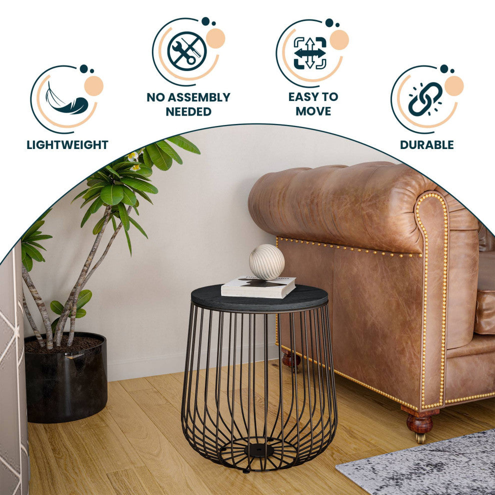 LeisureMod Runswick Modern Wood Top End Table With Metal Base, Black