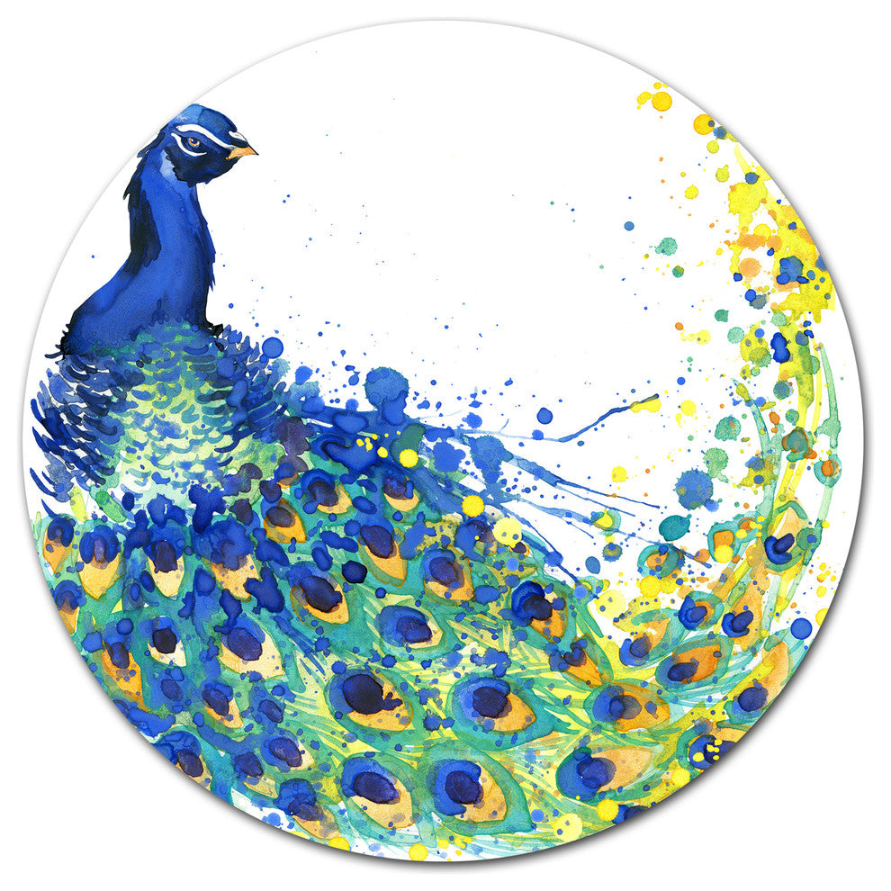 Exotic Peacock Watercolor, Animal Art Round Metal Wall Art, 23"