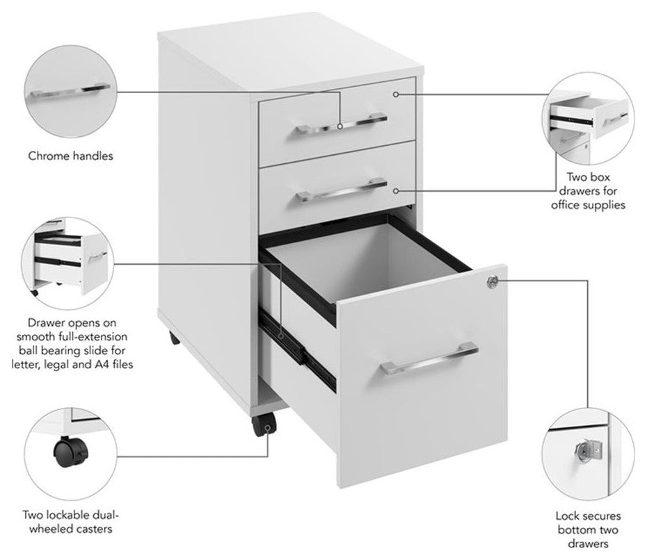 Hustle 3 Drawer Mobile File Cabinet in White - Engineered Wood
