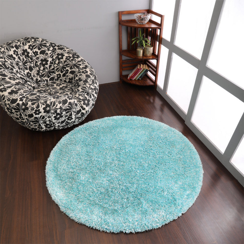 HAND TUFTED SHAG POLYESTER ECO-FRIENDLY AREA RUGS- Turquoise&White Color, Solid
