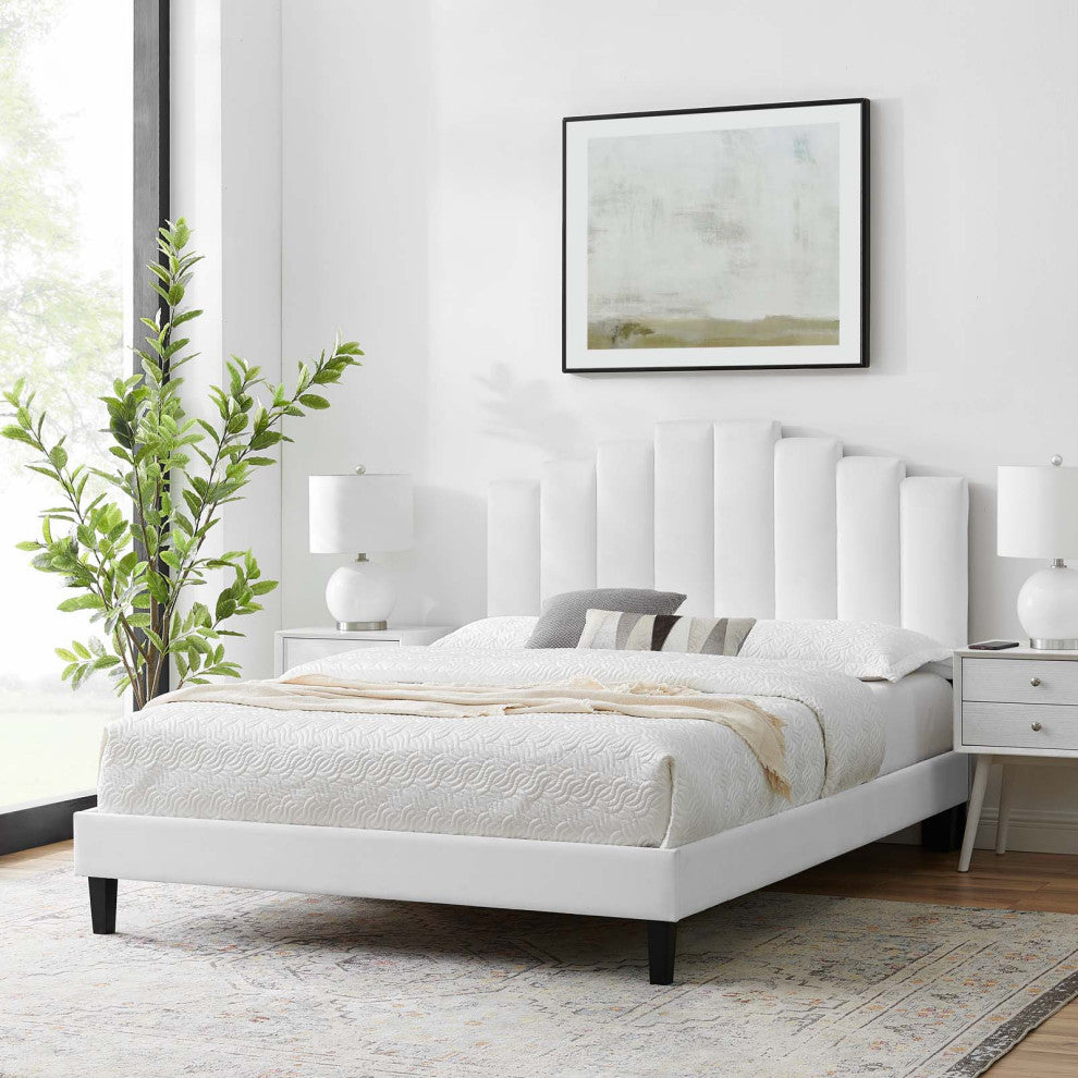 Platform Bed Frame, Queen Size, Velvet, White, Modern Contemporary, Bedroom