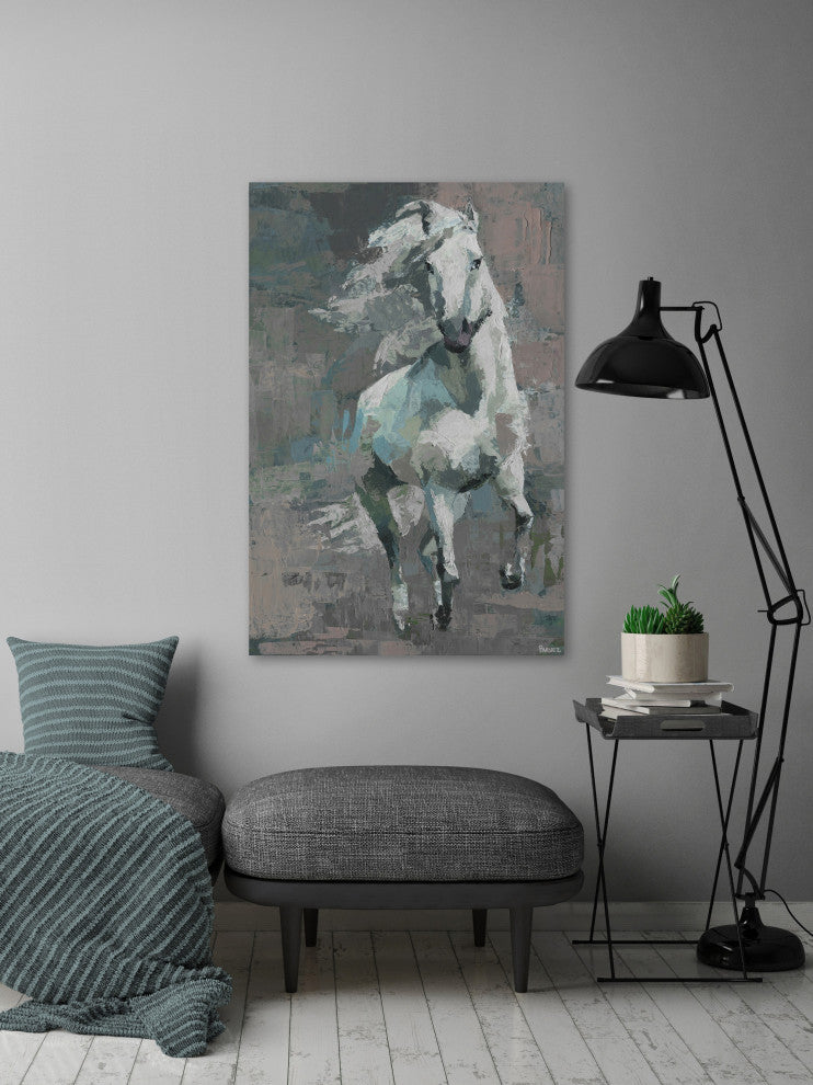 "Running White Horse" Painting Print on Wrapped Canvas, 40"x60"