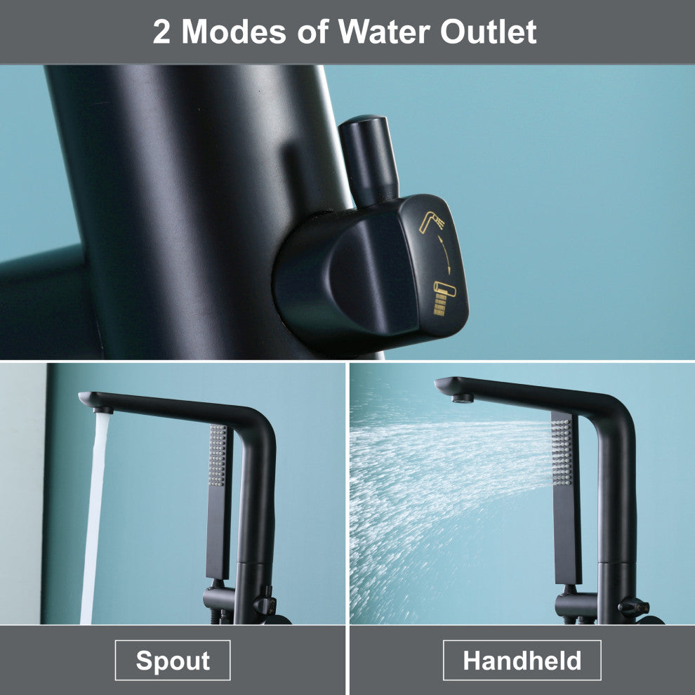 Wellfor Freestanding Faucet, Swivel Spout and Handheld Shower, 2 Handles, Matte Black