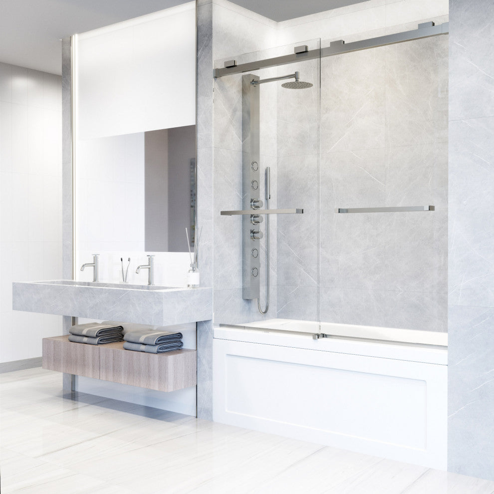 VIGO Houston Frameless Sliding, V-Motion, Stainless Steel, Tub Door, 56" to 60" W X 66" H, Clear Glass