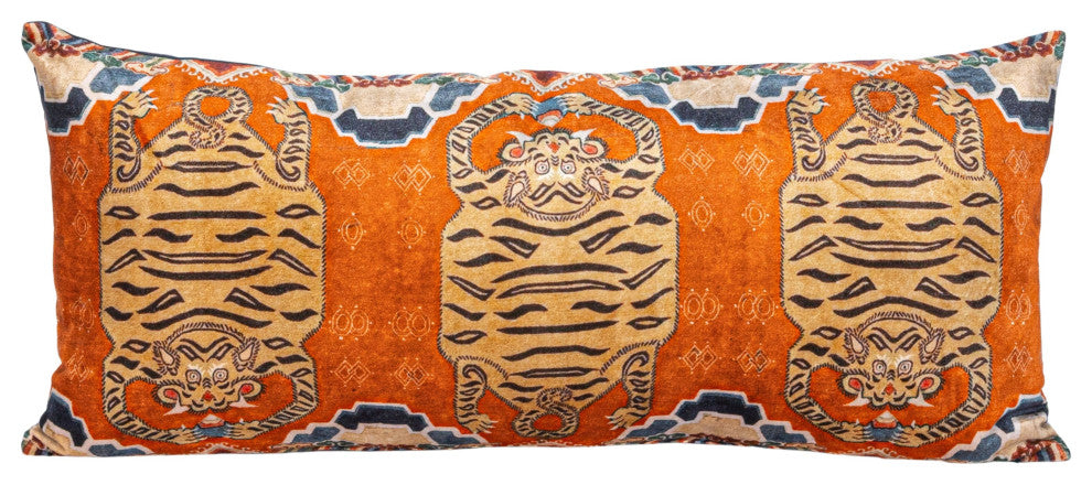 Cotton Velvet Tigers Pattern Lumbar Pillow, Multicolor