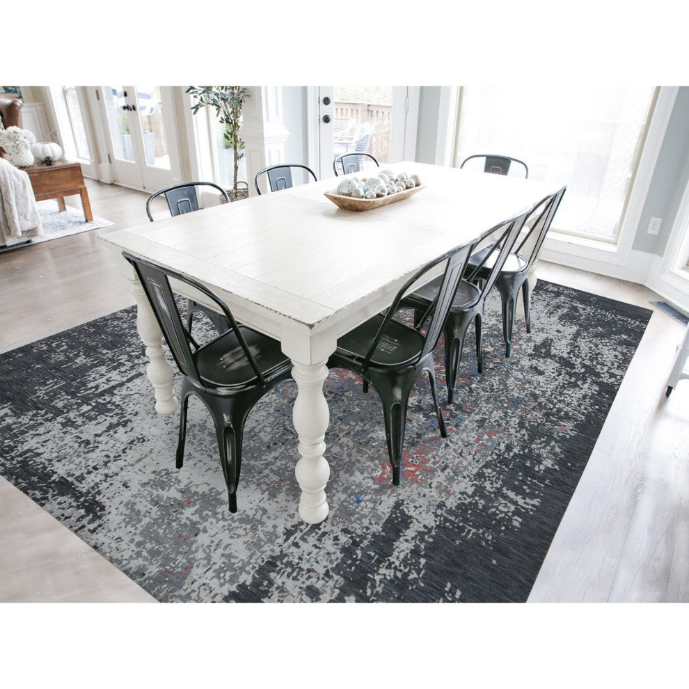 Arsenic Gray, Wool and Silk, Erased Heriz Design Hand Knotted Rug, 9'2"x12'