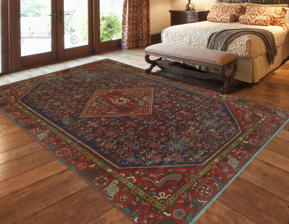 Fine Vintage Distressed Moneer Navy/Red Rug, 6'9x10'5