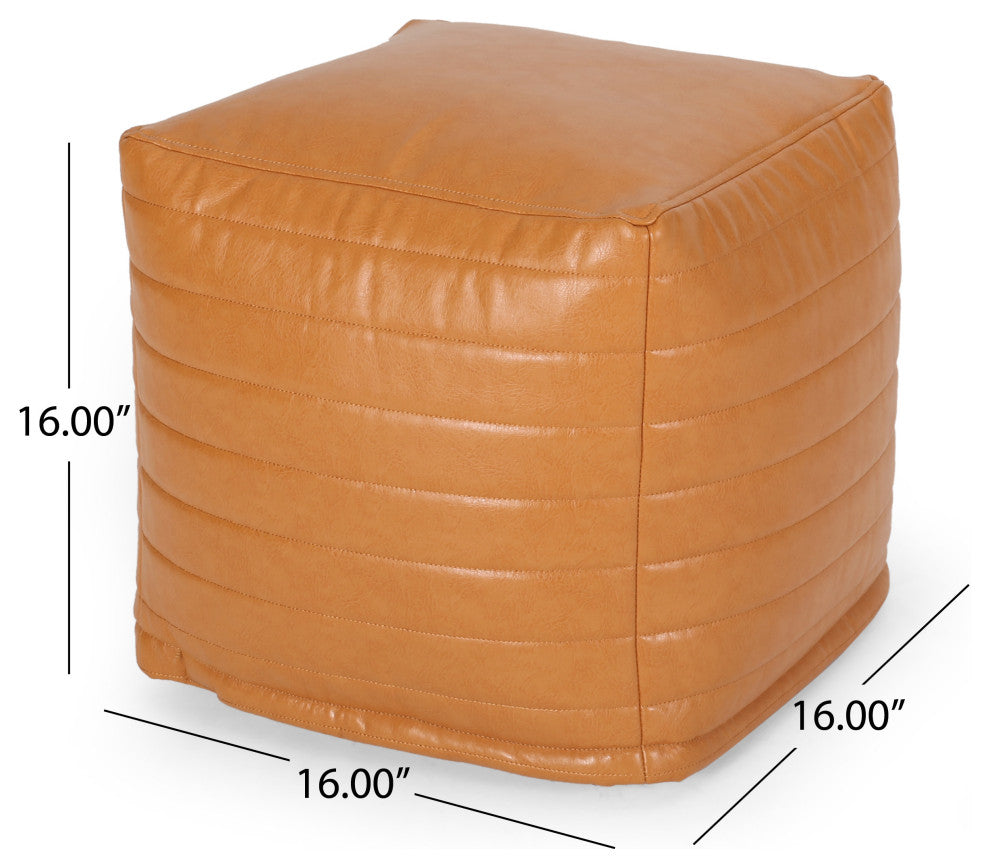 Conrail Contemporary Faux Leather Channel Stitch Pouf, Caramel, Cube